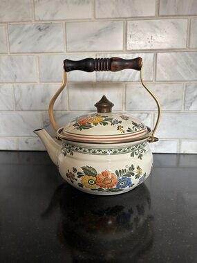 Asta Floral Enamelware Vintage Tea Kettle with Brass and Wood Handle and Lid